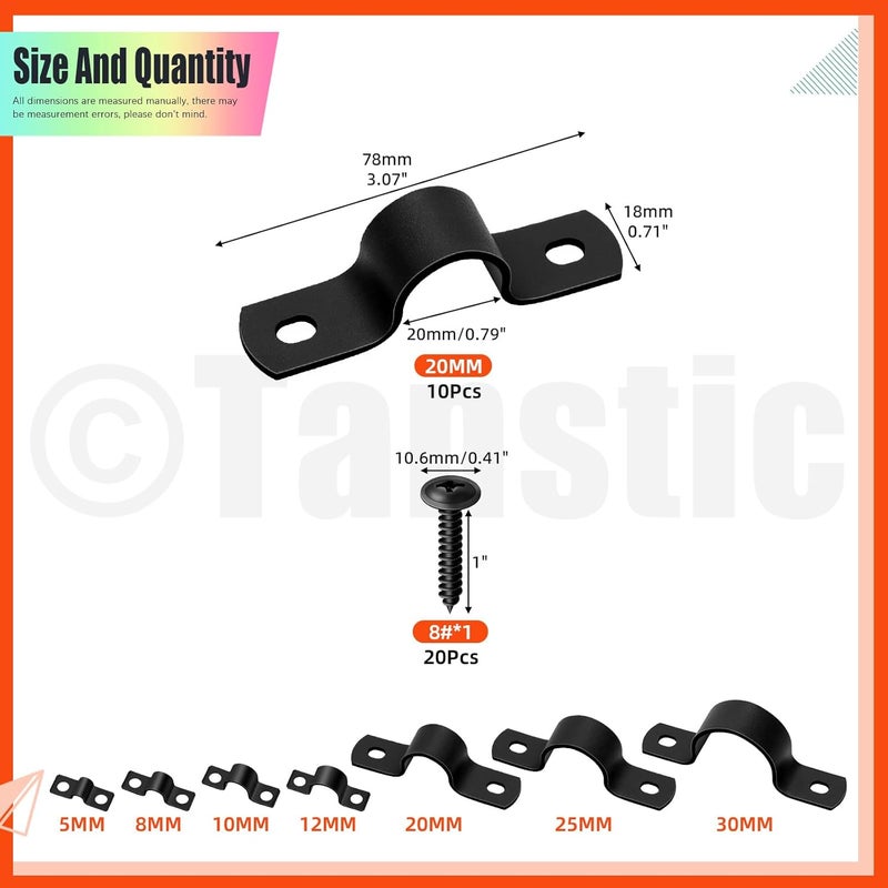 Tanstic 10Pcs Black Two Hole Pipe Strap, 3/4” Two Hole Strap U Bracket Rigid Pipe Strap Pipe Strap Clamp with Phillips Modified Truss Head Wood Screws for Fixing Pipe, Conduit, U Bracket - Image 2